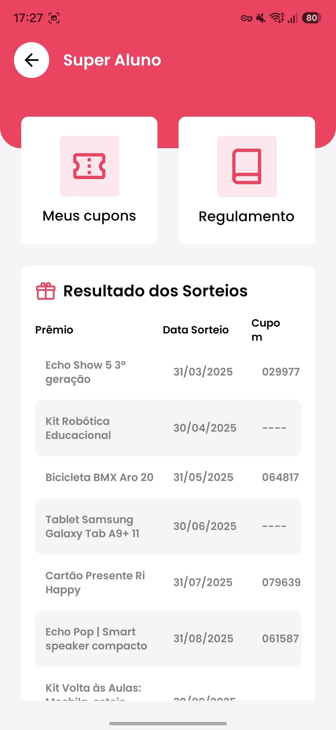 Tela do Super Aluno com cupons e resultados dos sorteios