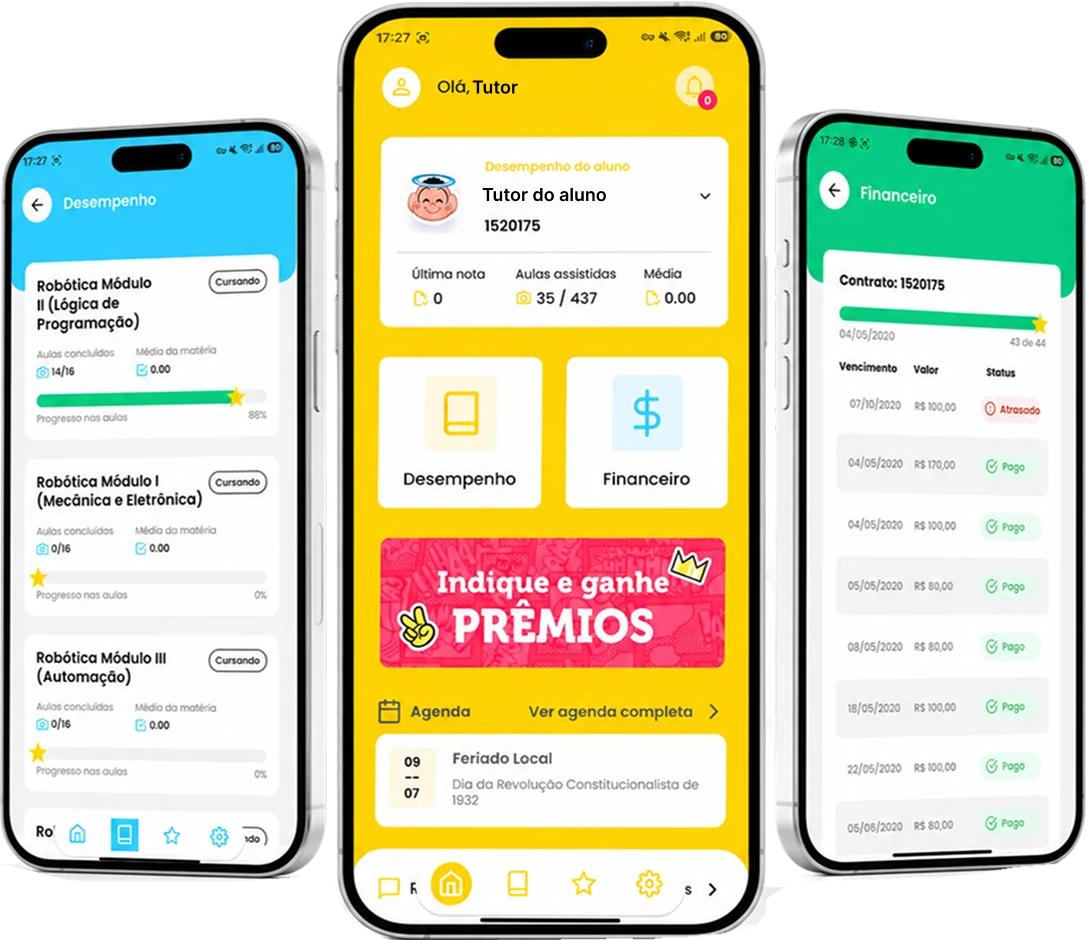 App dos Pais em três telas: desempenho, início e financeiro